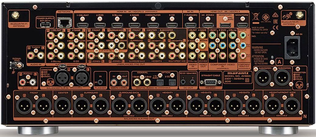 Anschlusspanel einer high-endigen AV-Vorstufe. Hier: Marantz AV8805A