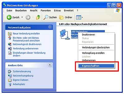 Einstellungen für Windows Service Pack 1 - Eigenschaften der LAN-Verbindung ändern