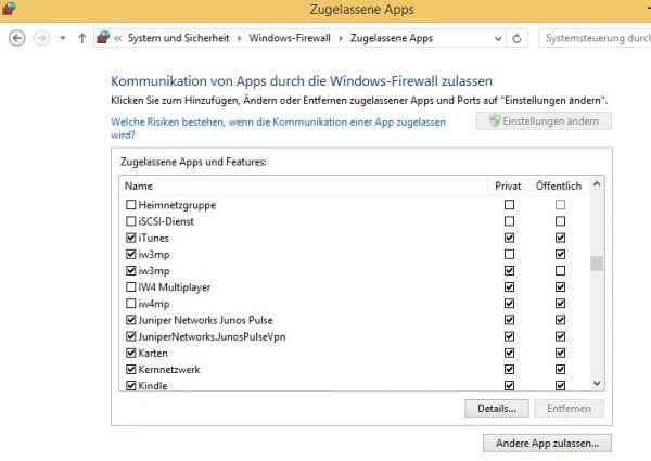 Übersicht zugelassener Apps in der Firewall