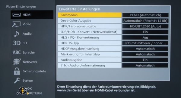 Erweiterte Einstellungen der Panasonic Player