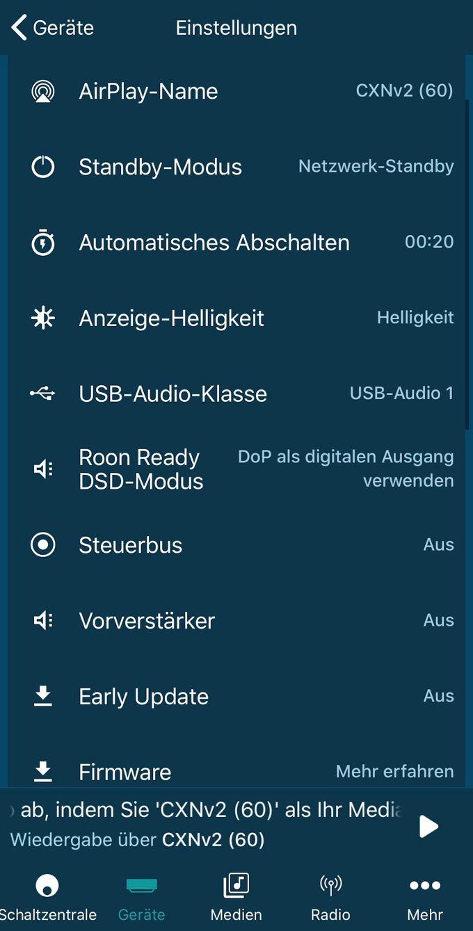 Cambridge Audio StreamMagic App - Einstellungsmöglichkeiten